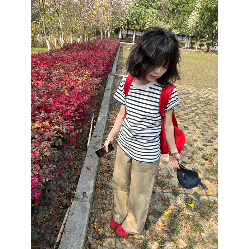日系复古黑白条纹正肩短袖t恤女