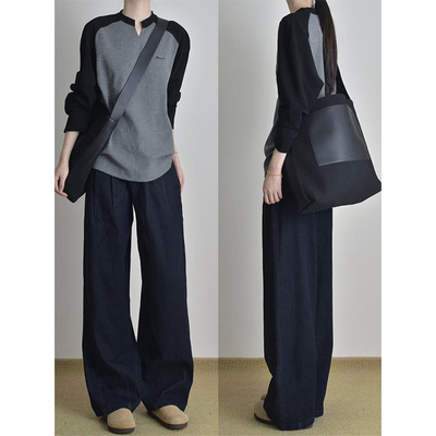 美式复古撞色插肩v领长袖T恤女秋