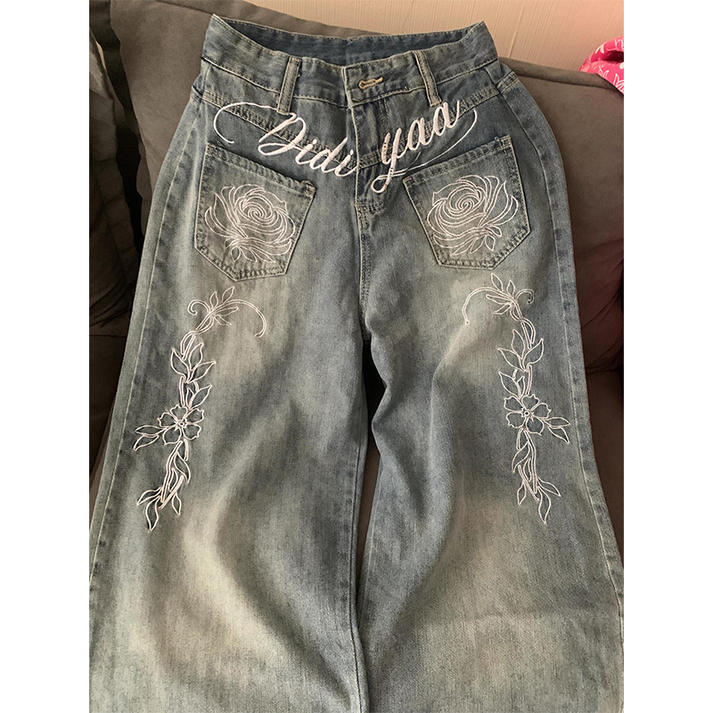 美式高街花卉字母刺绣牛仔裤女秋
