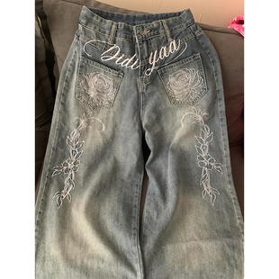 美式高街花卉字母刺绣牛仔裤女秋冬设计感小众宽松显瘦阔腿弯刀裤