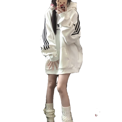 国潮美式拼色条纹白色连帽卫衣女