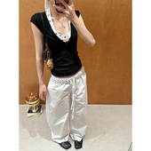 美式 辣妹波点撞色叠穿吊带背心女短袖 两件套设计感v领正肩t恤上衣