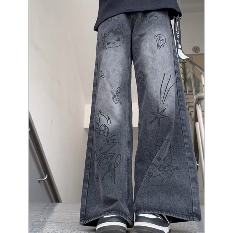 手绘涂鸦小个子黑色阔腿牛仔裤女