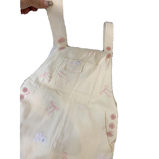 可爱小熊刺绣牛仔背带裤女春秋2025新款宽松直筒裤小个子阔腿长裤