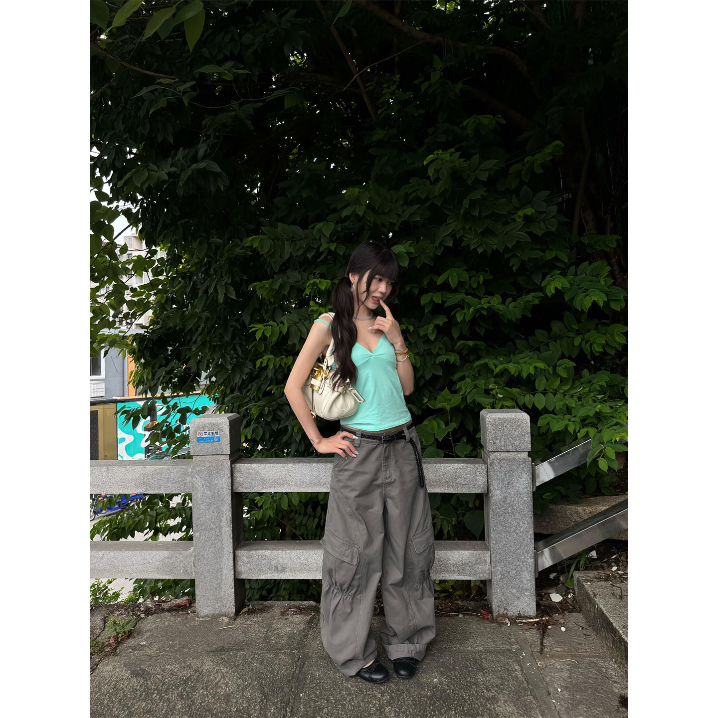美式辣妹bm绿色v领吊带背心女夏图片
