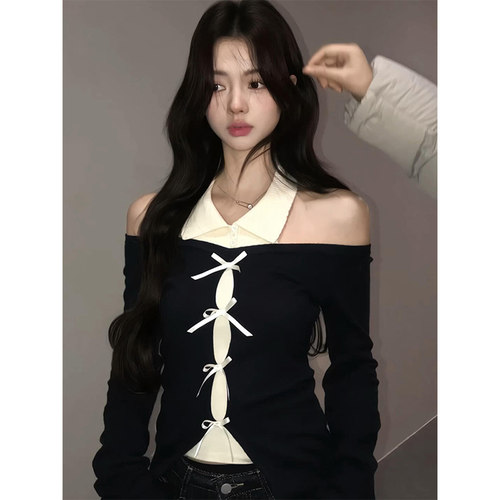 纯欲辣妹不规则翻领上衣女春秋