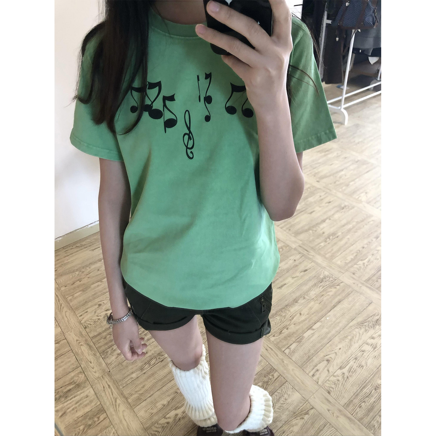 韩系复古音符印花绿色短袖t恤女图片