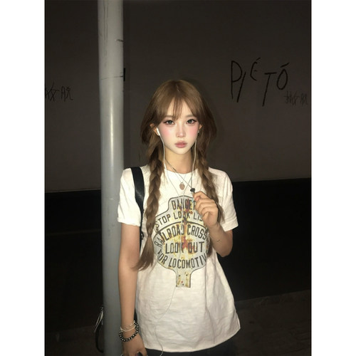 美式复古竹节纯棉白色短袖t恤女