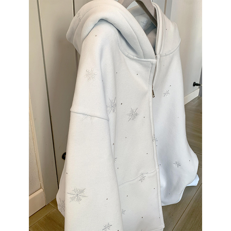 雪花刺绣连帽保暖卫衣外套女冬季加绒加厚设计感小众开衫拉链上衣