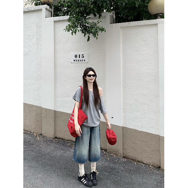 美式复古高街水洗七分牛仔裤女夏图片