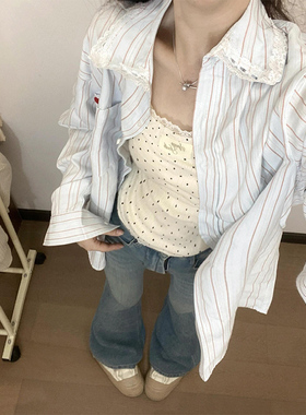 蕾丝花边条纹蓝色防晒衬衫女2026春秋新款chic港风慵懒宽松薄衬衣