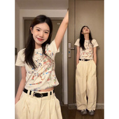 显瘦正肩短款 修身 设计感小众上衣 t恤女夏季 甜酷辣妹涂鸦印花短袖