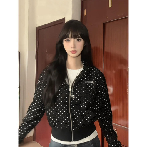 美式复古波点满印连帽短款卫衣女