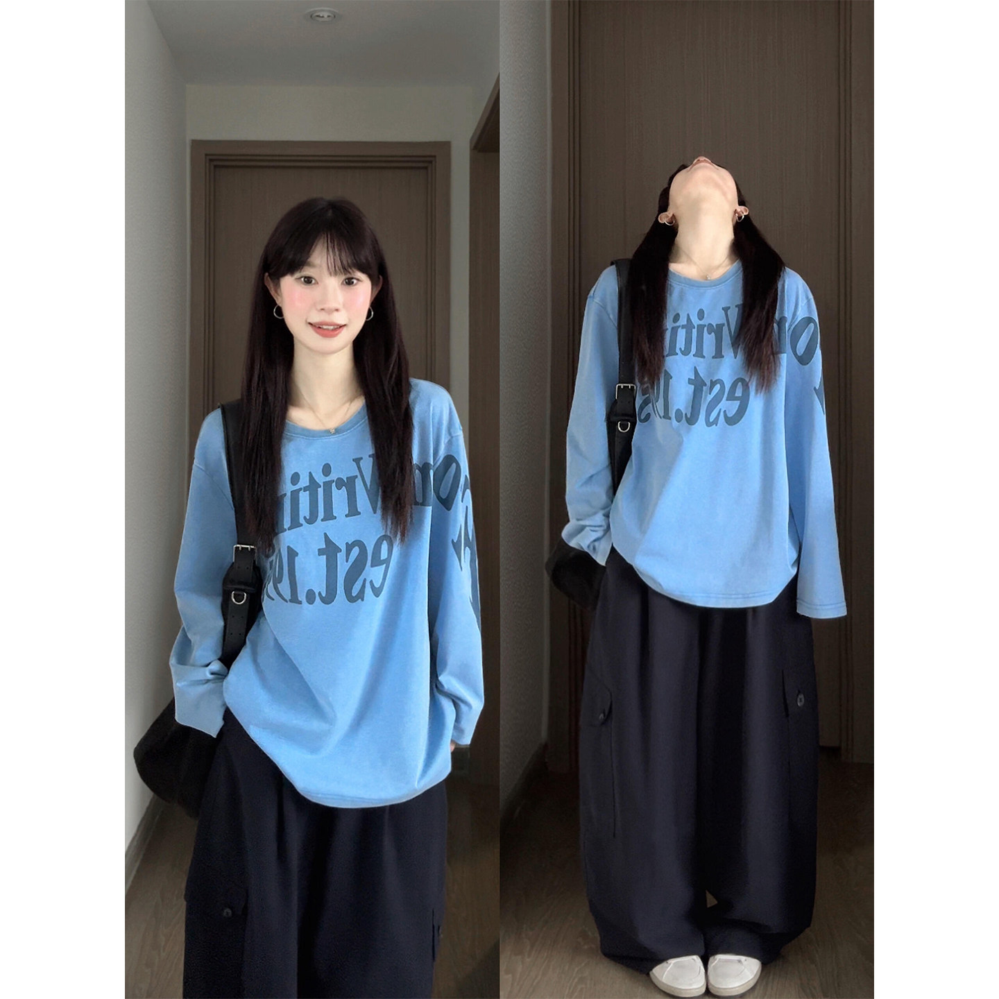 韩系水洗复古连肩字母印花t恤女图片