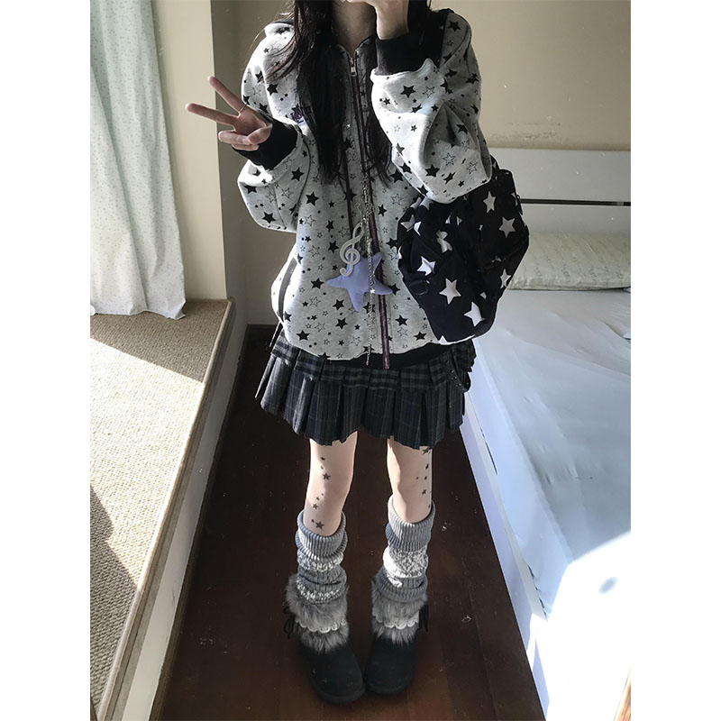 美式复古碎片星星开衫卫衣女秋冬加绒加厚小众拉链宽松学院风外套