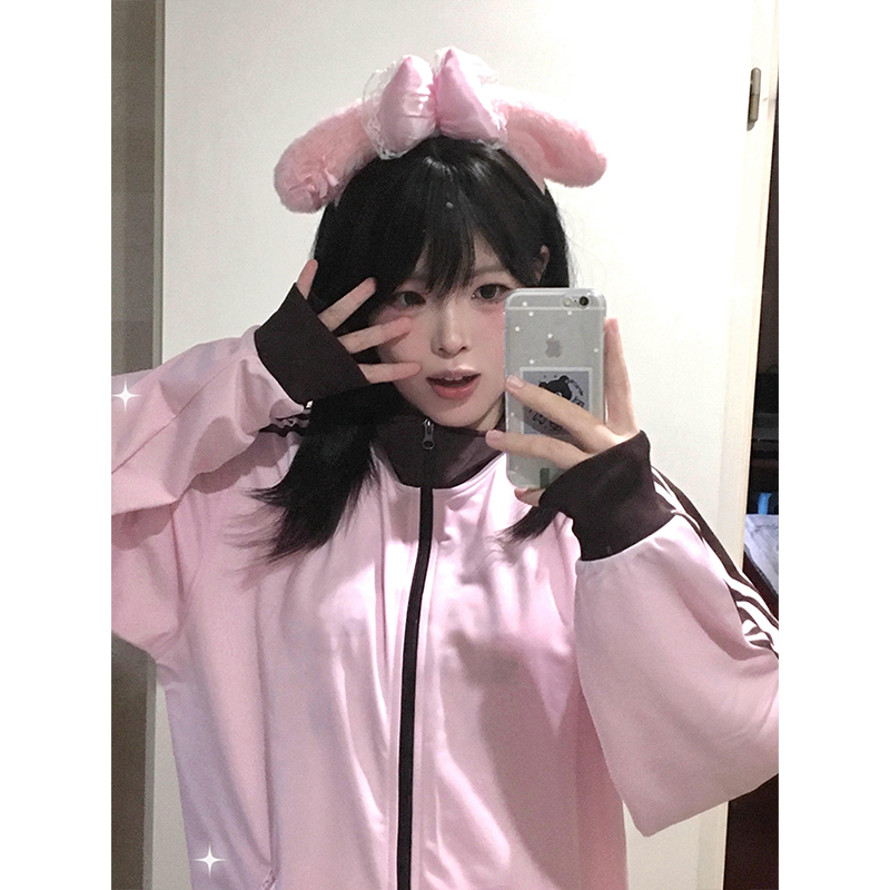 美式复古拼色条纹立领卫衣外套女春秋运动休闲三杠学院风宽松夹克