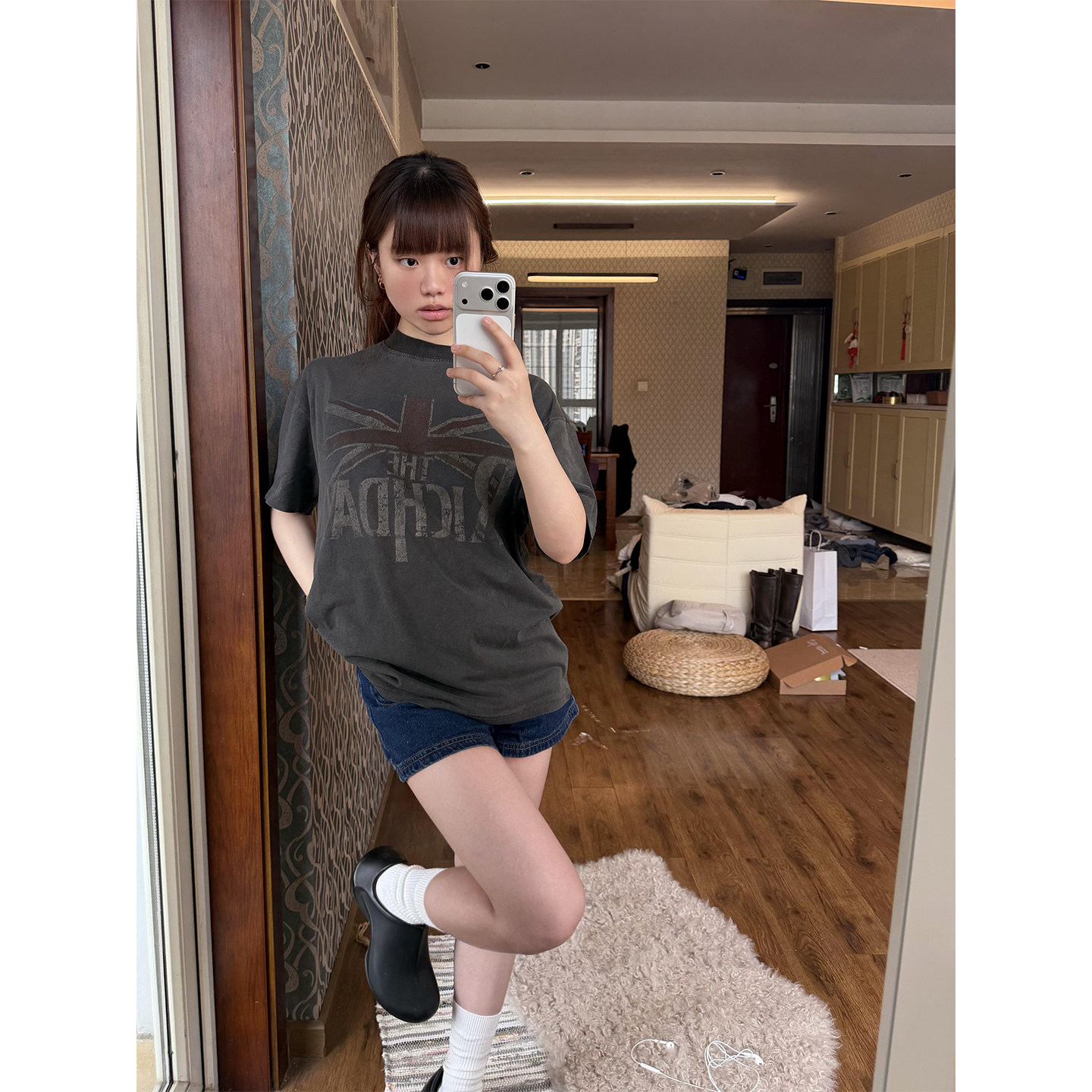 美式复古旗帜字母印花短袖t恤女图片