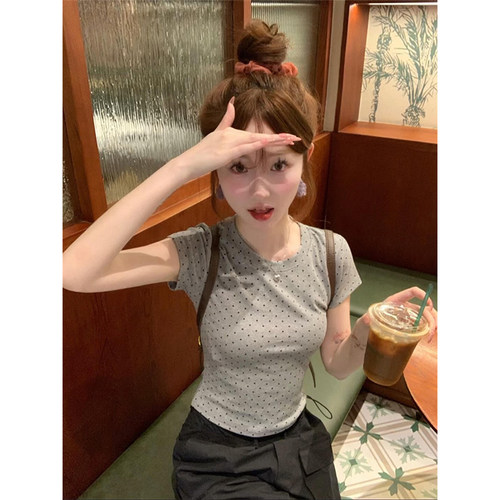 纯欲波点小个子正肩短袖t恤女夏