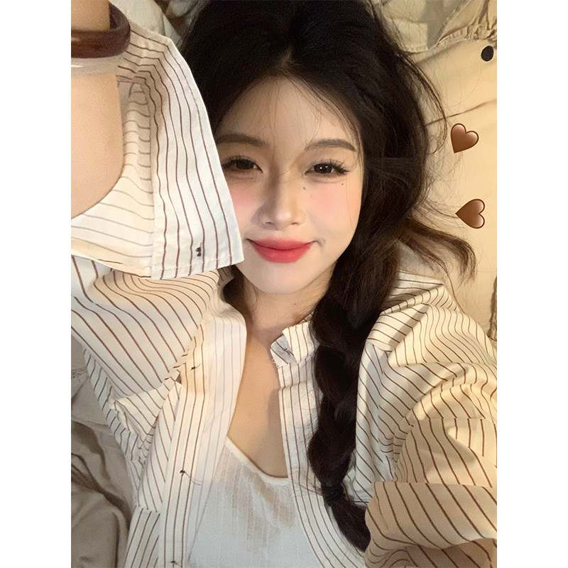 杏色条纹长袖衬衫女秋季2023新款