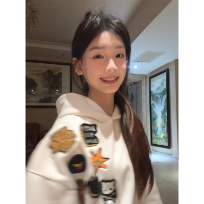 美式高街刺绣白色连帽卫衣女春秋