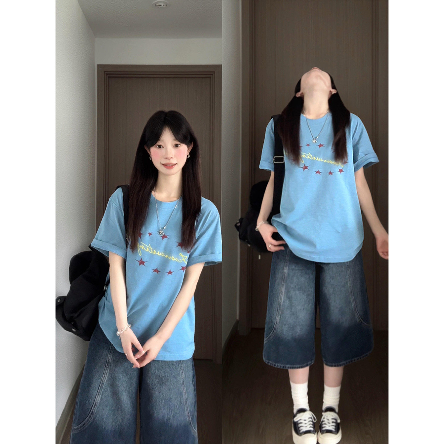 美式复古手绘星星插画短袖t恤女图片
