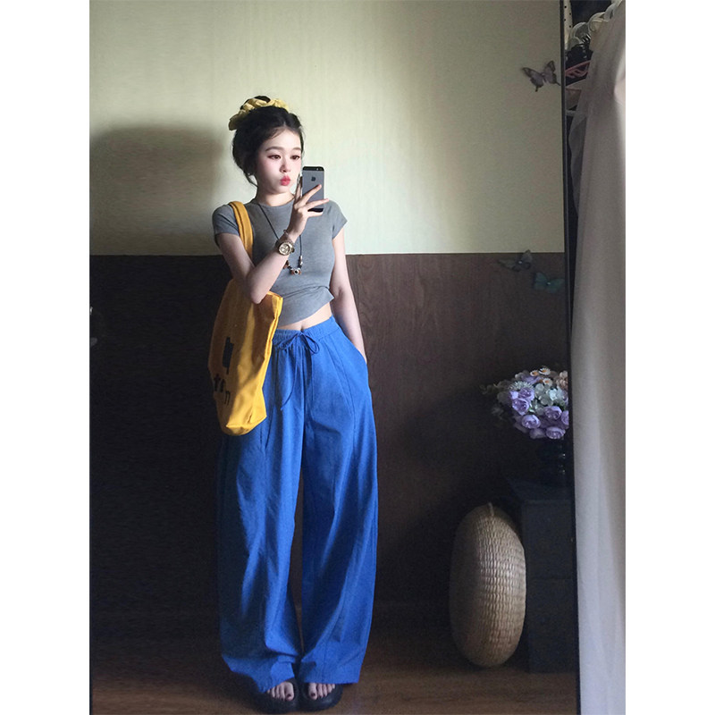 美式高街蓝色裤子女夏薄款2025新款休闲直筒阔腿宽松慵懒风弯刀裤