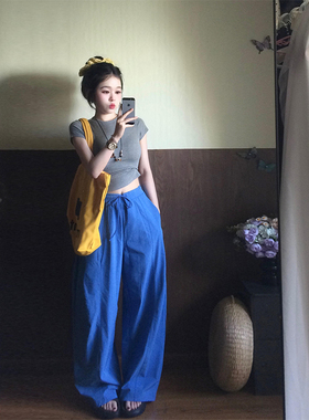 美式高街蓝色裤子女夏薄款2025新款休闲直筒阔腿宽松慵懒风弯刀裤