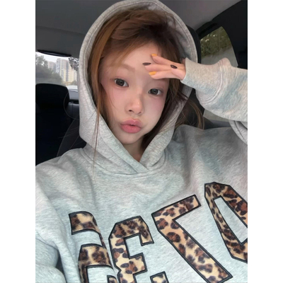 美式复古豹纹刺绣连帽卫衣女秋冬