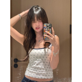 美式 上衣 内搭外穿短款 复古星星吊带小背心女夏季 撞色小众辣妹修身