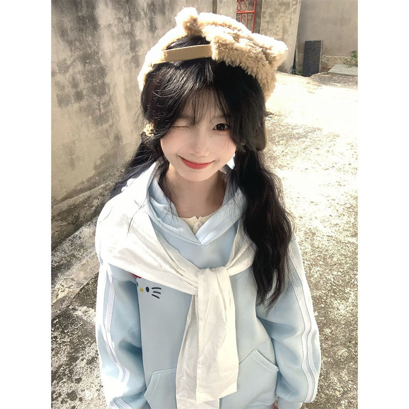 韩系学院风甜妹蝴蝶结连帽卫衣女秋冬加绒加厚chic慵懒风宽松外套