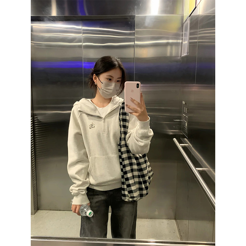 美式连帽套头半拉链灰色加绒卫衣