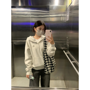 美式连帽套头半拉链灰色加绒卫衣女秋冬季休闲宽松百搭慵懒风外套