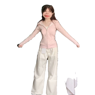 粉色拉链短款卫衣外套女春秋小个子韩系上衣修身运动美式连帽开衫