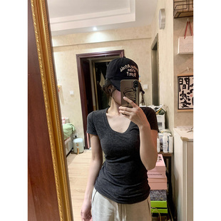 显瘦正肩纯欲上衣 美式 辣妹灰色u领短袖 t恤女夏季 低圆领露锁骨修身