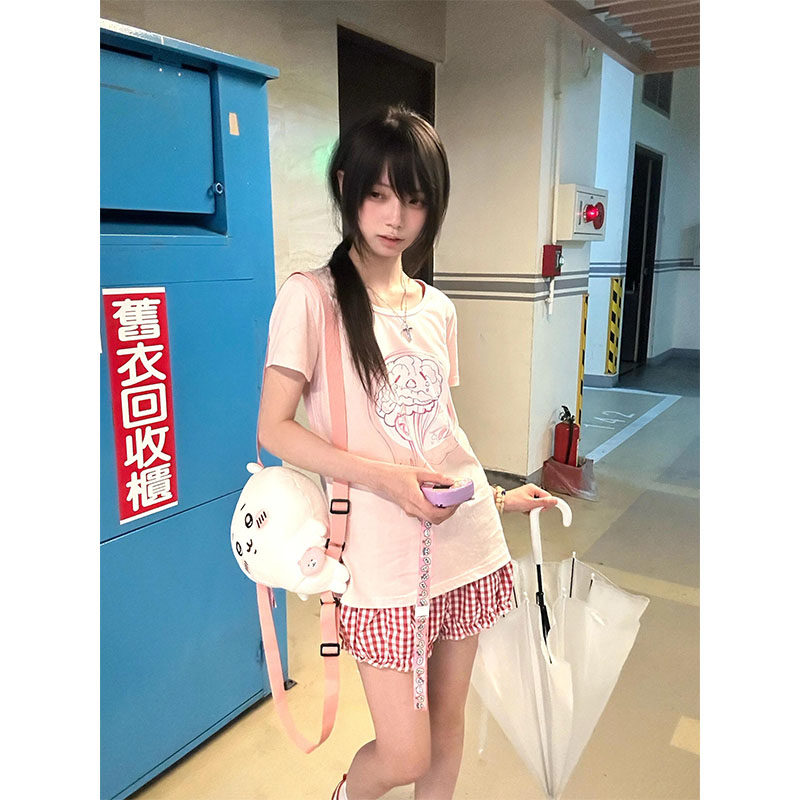 甜酷宅萌可爱粉色短袖t恤女夏季2026新款软妹修身显瘦正肩上衣