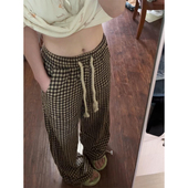 美式 宽松百搭休闲直筒阔腿裤 复古棕色毛呢格子裤 子女秋冬2025新款