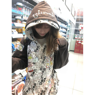 美式复古亚文化印花撞色波点双帽卫衣女秋冬加绒加厚开衫拉链外套