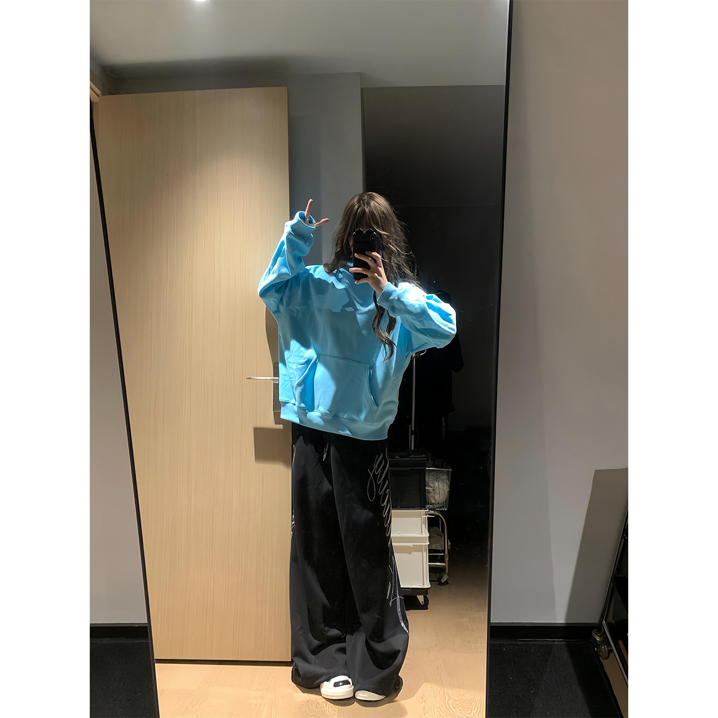 美式复古湖蓝色连帽卫衣女秋冬新款宽松慵懒松弛百搭情侣套头上衣