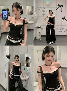 纯欲风黑色蕾丝拼接吊带背心女夏外穿设计感内搭显瘦性感无袖上衣