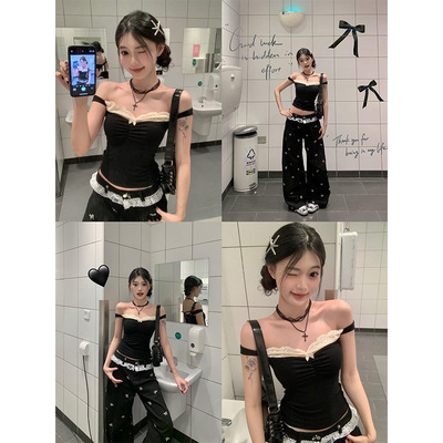 纯欲风黑色蕾丝拼接吊带背心女夏