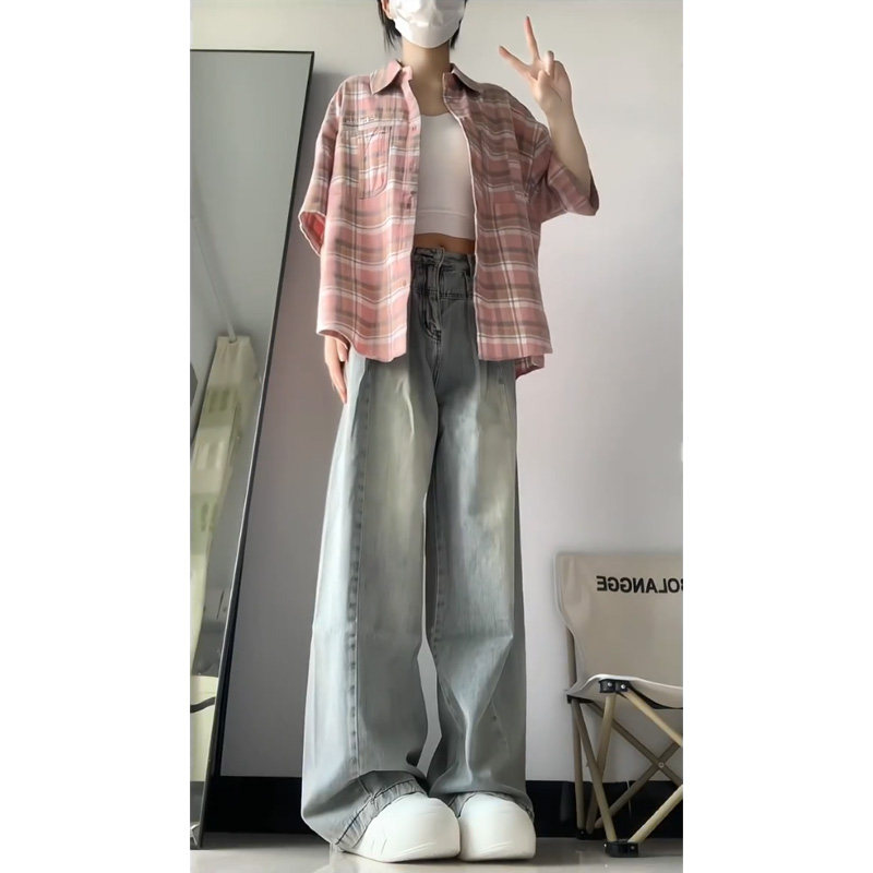 AMERICAN RETRO DRAPED JEANS WOMENS SPRING AND AUTUMN DESIGN HIGH-WAISTED THIN STRAIGHT LOOSE WIDE-LEG TROUSERS