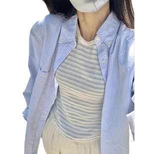 蓝色条纹衬衫外套女春秋季新款港风chic别致小众法式上衣长袖衬衣