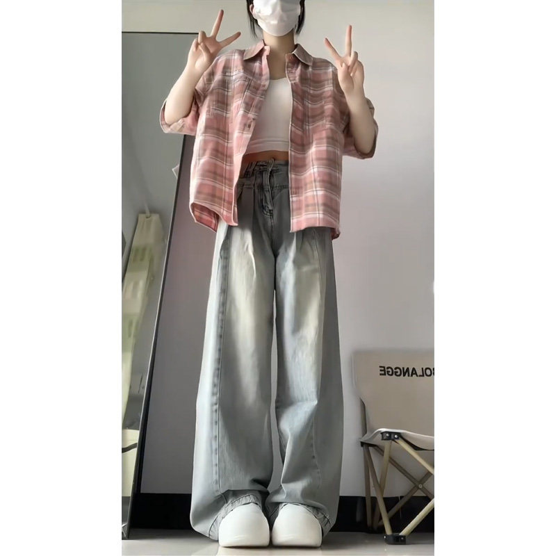 AMERICAN RETRO DRAPED JEANS WOMENS SPRING AND AUTUMN DESIGN HIGH-WAISTED THIN STRAIGHT LOOSE WIDE-LEG TROUSERS