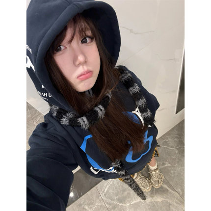 美式复古创意印花连帽卫衣女秋冬加绒加厚慵懒风oversize情侣外套