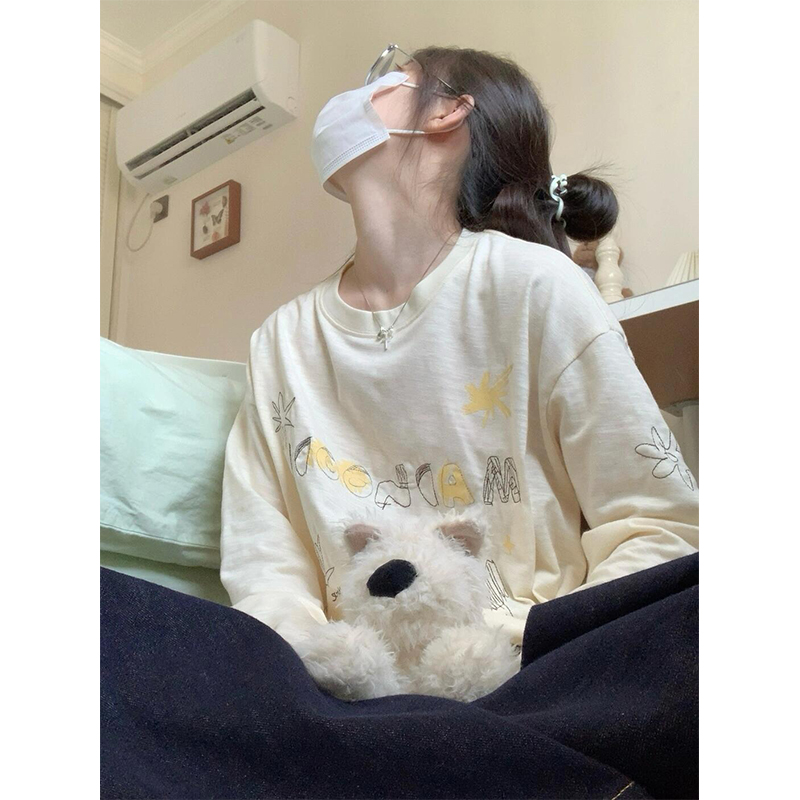 趣味手绘涂鸦印花长袖t恤女2025秋季新款宽松显瘦内搭打底衫上衣