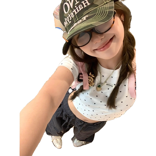 白色波点印花正肩短袖t恤女夏季2024新款甜辣修身短款小个子上衣