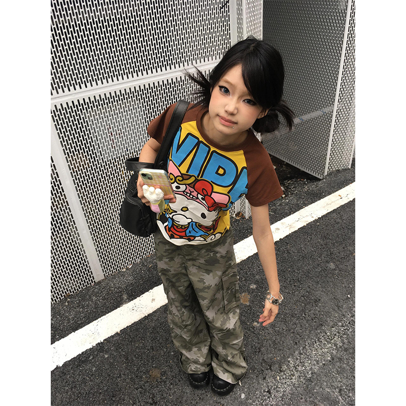 美式复古y2k插肩袖短袖t恤女夏季