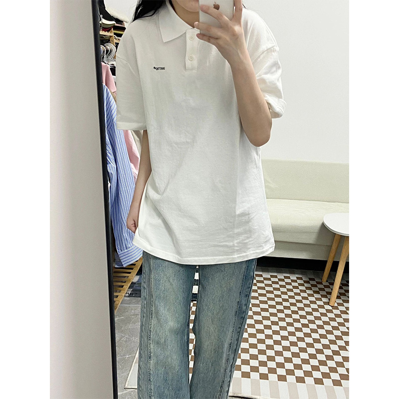 polo衫白色短袖t恤女美式复古