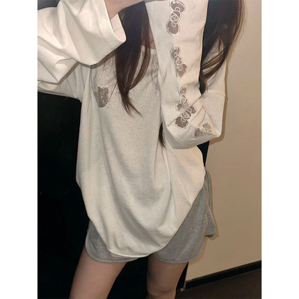 镂空刺绣kitty宽松长袖t恤女夏季设计感小众松弛慵懒防晒罩衫上衣