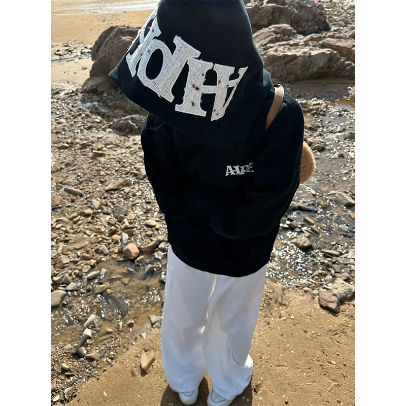 国潮牌高街贴布绣字母连帽卫衣女2025秋冬季加绒慵懒宽松情侣外套